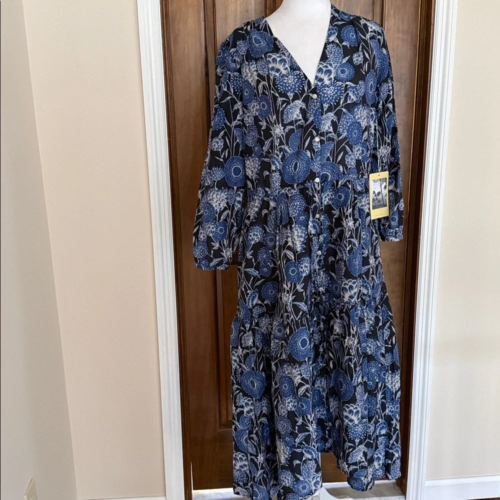 Trovata Birds of Paradis Anthropologie Ainsley Coastal Blue Flor MIDI Dress NWT